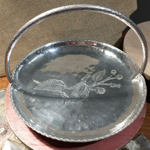 Farberware Aluminum Vntage Tray Serving Hand-Wrought Handle Hammerd Metal Etched